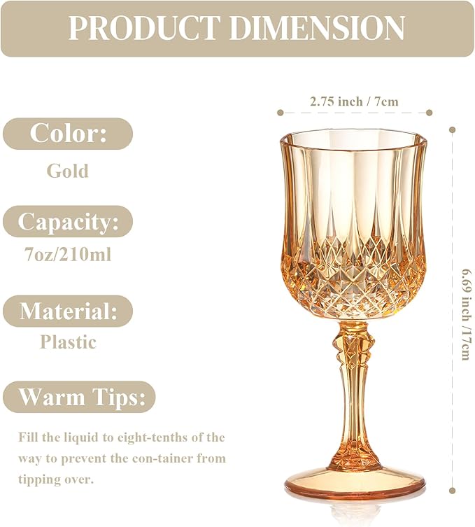 XUWAIDSGN 24 Pcs 7oz Plastic Vintage Wine Glasses Drinking Glasses Unbreakable Wedding Glassware Crystal Water Goblets Reusable Drinkware Vintage Champagne Flutes (24, Amber)