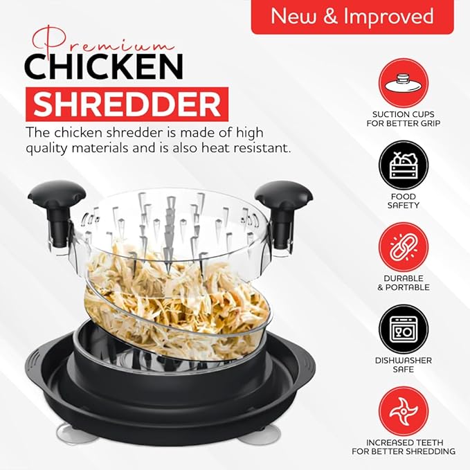 Large Chicken Shredder Tool Twist with Suction Cups, Ergonomic Handle & Strong Anti-Slip, Kitchen Gadget for Shredding Chicken Breast, Pork & Beef, Visible Meat Shredder Machine with Transparent Lid
