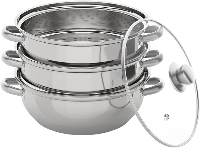Steamer for Cooking, 3-Tier Stainless Steel Steamer Pot, 12.8 Inch Multipurpose Stackable Cooking Steam Pot Kitchen Cookware with Glass Lid for Induction, Gas, Electric Stoves