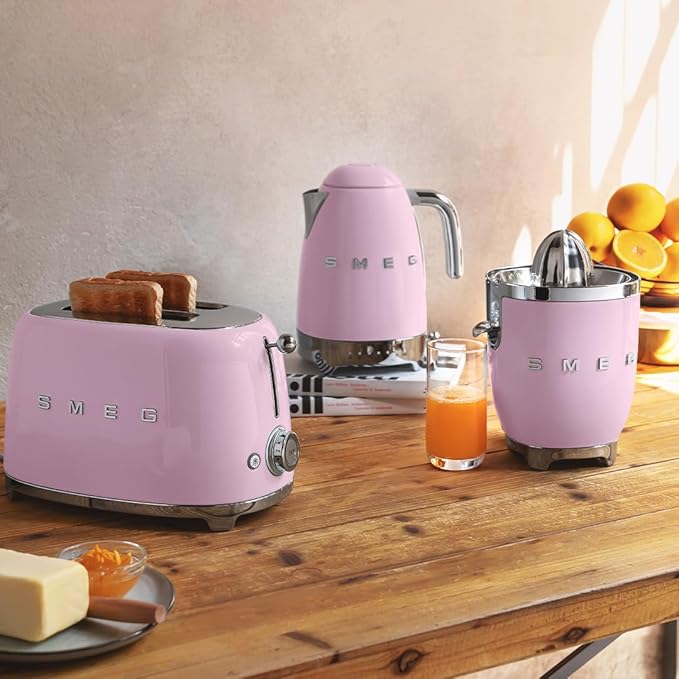 SMEG 2 Slice Toaster with 6 Presets and Defrost Function and Removable Crumb Tray TSF01PKUS, Pink