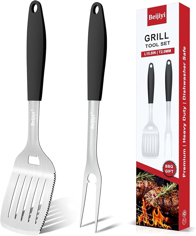 Beijiyi 2-Piece Heavy Duty BBQ Grill Tools Set, Professional Stainless Steel Grilling Spatula & Fork with Full Tang Silicone Handle, Outdoor Grill Accessories for Barbecue Cooking
