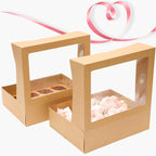 qiqee Auto-pop Up Cupcake Boxes with Window Brown 40PCS 12 Count Cupcake Box 13"x10"x3.5" Cupcakes Carrier, 12 Cupcake Containers with 2 rolls of pink ribbons