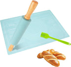 3Pcs Silicone Rolling Pin for Baking Sets,15Inch Pastry Dough Roller with Wooden Handle Silicone Mat and Brush, Non Stick Surface Rolling Pins for Dough Cookie Baking Kitchen Accessories(Green)