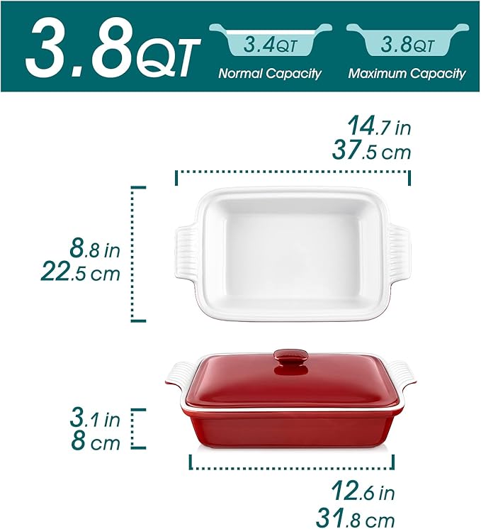 vancasso Blossom Casserole Dish With Lid, 3.8 Quart Casserole Dish for Oven, 9x13 Baking Pan with Handles, Large Casserole Baking Dish Lasagna Pan with Lid, Microwave, Dishwasher Safe, Red