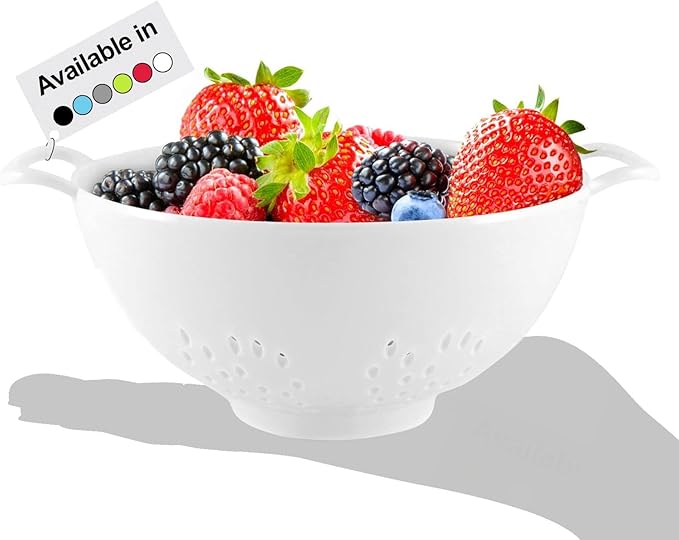 Meadow Lane 6-inch Small Colander, BPA-Free, Dishwasher Safe, Double Handles, Compact Food Strainer for Berries, Veggies and Pasta, 3-Cup Capacity, Smooth White