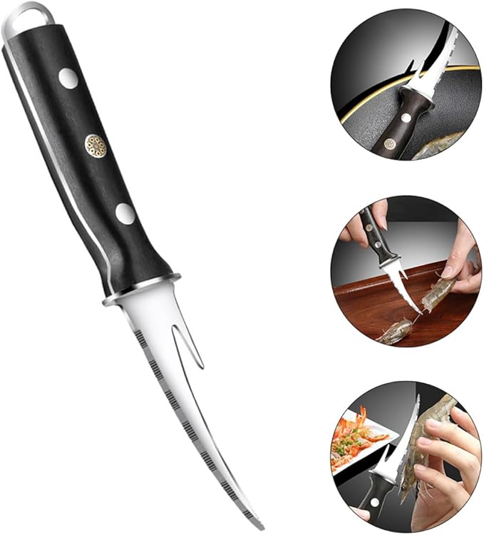 ibasenice Shrimp Line Peeler and Cutter with Wood Handle, Stainless Steel Seafood Deveining Tool for Shelling Shrimp and Cleaning Fish Maw, Kitchen Specialty Gadget for Seafood Preparation