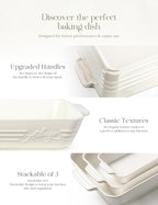 Ceramic Baking Dish Set, 3-Piece Casserole Dishes for Oven, Rectangular Baking Pans, Deep Lasagna Pans with Handles, Multi-Size Set for Cooking, Baking, Serving, and Gifting, White (16.1''/12.2''/9'')