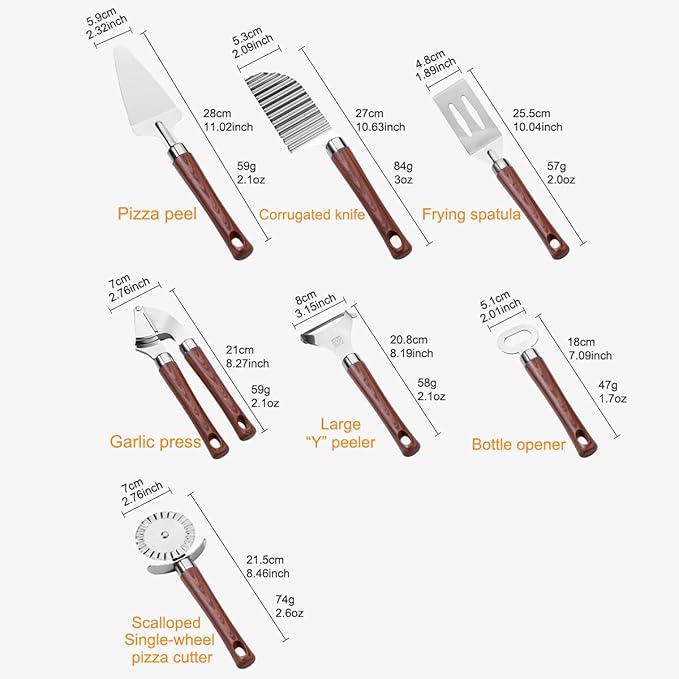 7-Piece Kitchen Tools and Gadgets Set with Wood Imitation Handle BRIIEC Stainless Steel Cooking Utensils Kitchen Accessories Includes Can Opener Garlic Press Peeler