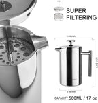 Secura French Press Coffee Maker, 304 Grade Stainless Steel Insulated Coffee Press with 2 Extra Screens, 17oz (0.5 Litre), Silver