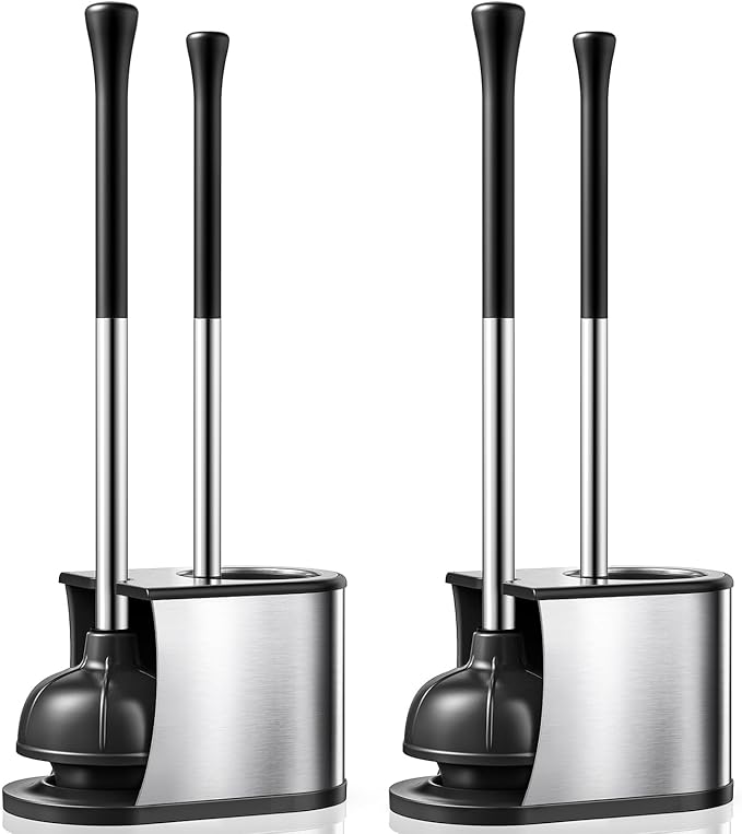 HAMITOR Toilet Plunger and Brush Set: 2 Pack 2 in 1 Stainless Steel Rustproof Combo with Curved Bristles - Heavy Duty Toilet Unclogging for Family Bathroom - Compact Apartment Cleaning Accessories