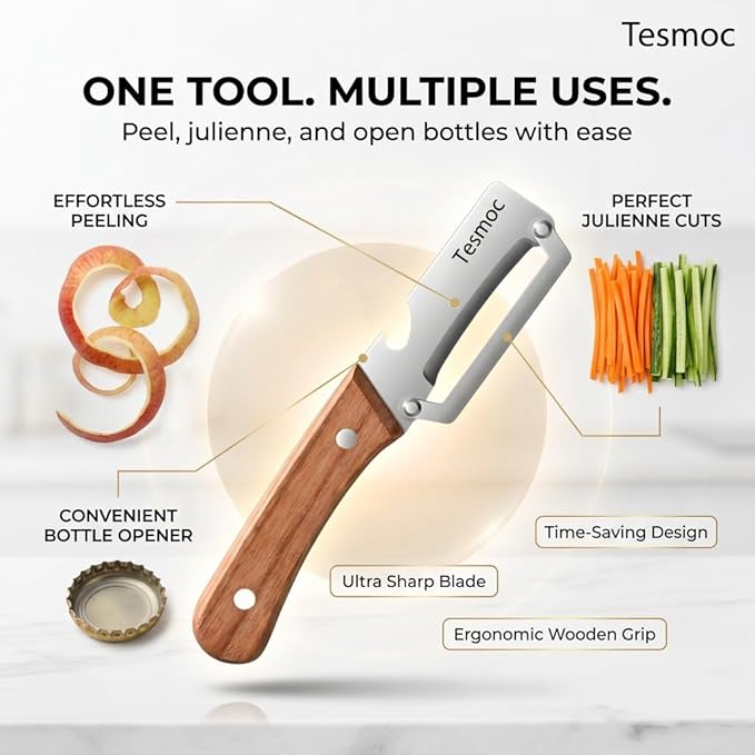 Multifunctional Fruit and Vegetable Peeler,Premium Stainless Steel Blade,Wooden Handle Hand Tool with Bottle Opener,Julienne Peeler for Potato,Cucumber,Orange,Pineapple,Veggie (3)