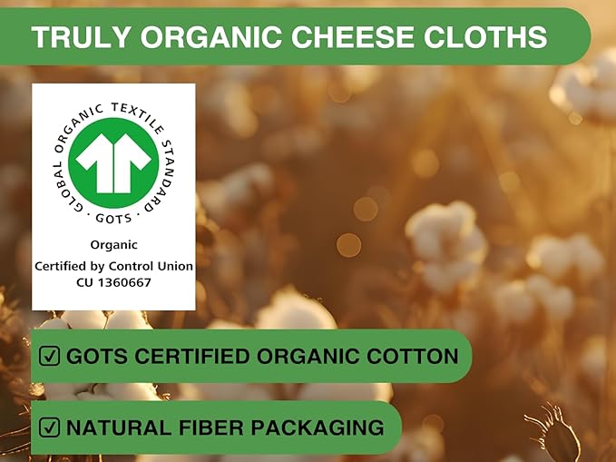 Organic Cheese Cloths, GOTS Certified, Grade 100, 18 Sq Feet,Reusable Cheese Cloth with Closed Edges Fabric Fine Mesh Cloth,Unbleached Cotton Muslin Cheesecloth for Straining, Juicing,Crafts - 2 Yards
