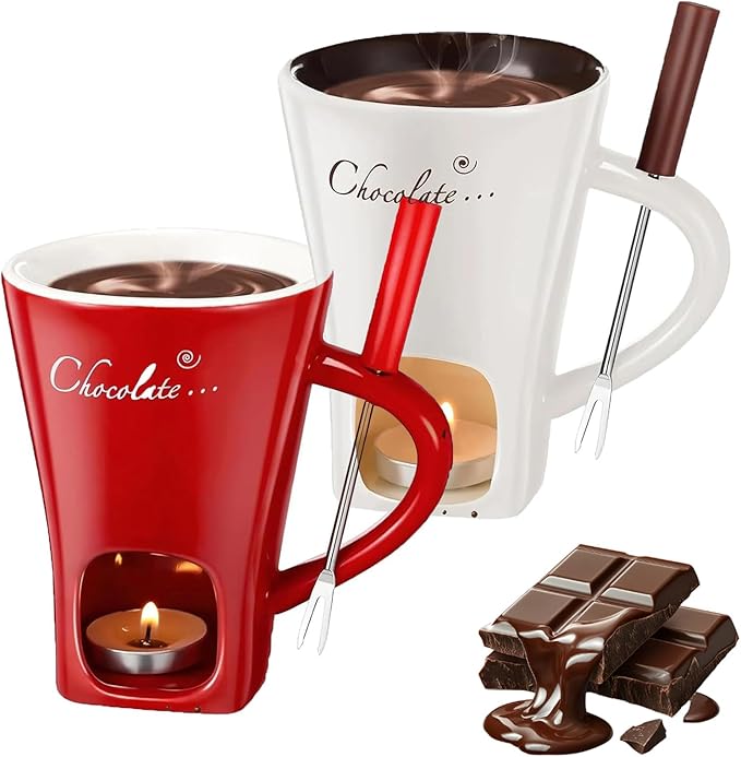 Chocolate Melting Mug With Candle, Ceramic Fondue Mug Meltie Cup, Melting Love Cup, Ideal Gifts For Christmas, Birthday, Wedding (White+Red)