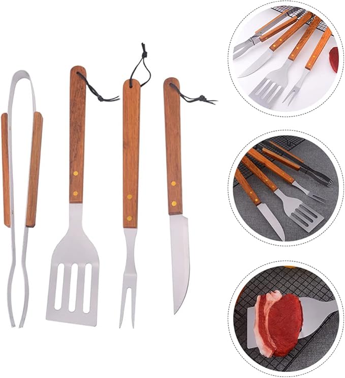 1set Barbecue Tools Wood Handles Portable Grilling Utensil for Outdoor Cooking Camping and BBQ Gatherings