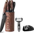 Knife Set,GOODA 9 Piece Kitchen Knife Set with Block and Sharpener, Anti-Rust Stainless Steel Cooking Knives Set for Kitchen, Chef Knife Block Set