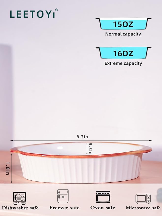 LEETOYI Porcelain Small Oval Au Gratin Pans, Baking Dish Set for 1 or 2 person servings, Bakeware with Double Handle for Kitchen and Home, Set of 2 (White/Brown)
