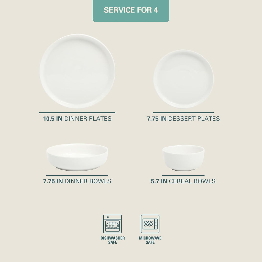 Gibson Home 16 Piece Ceramic Dinnerware Set for 4 – White Plates & Bowls