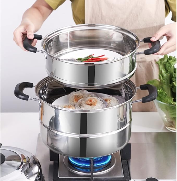 Steamer Pot 11inch Steam Pots for Cooking Steamer Pot with Lid 3-tier Multipurpose Stainless Steel Steaming Pot Cookware with Handle for Vegetable, Dumpling, Stock, Sauce, Food (11Inch/28cm)