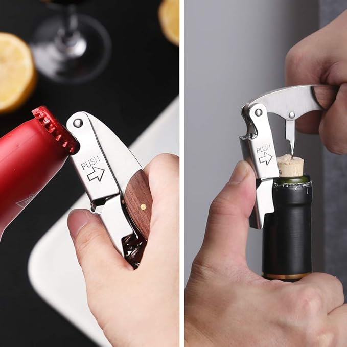 EDSG Personalized Wine Opener Wine Bottle Opener 3 in 1 Corkscrew Wine Bottle Opener Wine Key Wood Handle Stainless Steel Wine Opener for Bar Restaurant Waiters Sommelier Bartend(Design 2)