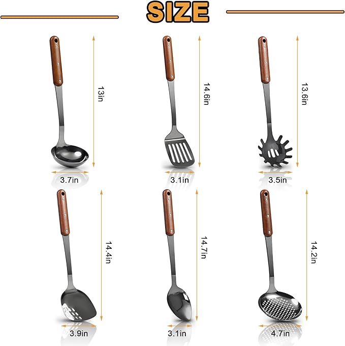 Stainless Steel Mirror Polished Kitchen Utensils Set - 6pcs Cooking Utensils Set with Wooden Handle, Heat Resistant Kitchen Tool Set for Cooking with Turners,Spatula,Ladle,Skimmer,Solid Spoon,Pasta