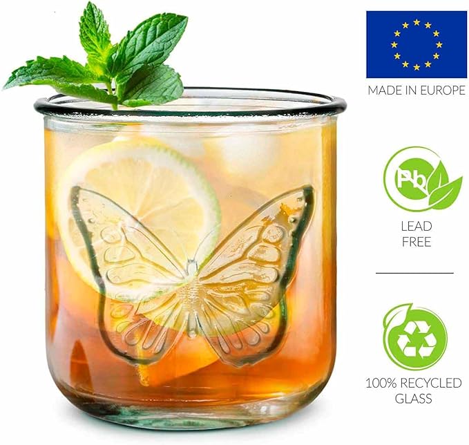COURONNE CO. Clear Recycled Drinking Glass Tumbler, Perfect for Cocktails, Refreshments & Everyday Use, Restaurant Grade, Crafted without lead-based materials (10.1 Oz, Butterfly), Pack of 6