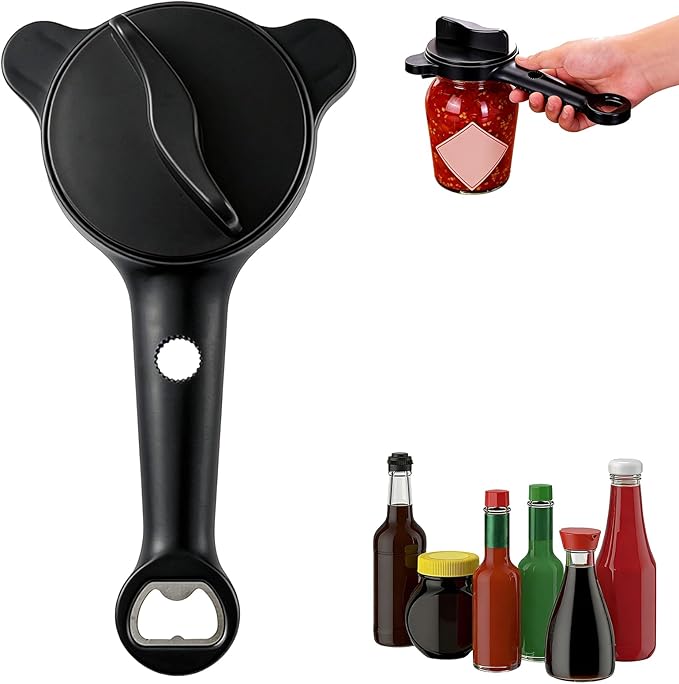 4 in 1 Multi-Purpose Jar Opener,Magnetic Stainless Steel Can Opener with Ergonomic Handle,Multi Size Lid Tool for Jars Cans Wine Bottles, Home Kitchen Helper(Black)
