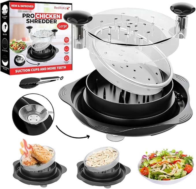 Large Chicken Shredder Tool Twist with Suction Cups, Ergonomic Handle & Strong Anti-Slip, Kitchen Gadget for Shredding Chicken Breast, Pork & Beef, Visible Meat Shredder Machine with Transparent Lid