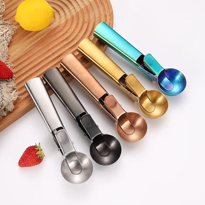 Ice Cream Scoop, 2Pcs Stainless Steel Black Cookie Scoop with Trigger Melon Baller Scooper Cones, Specialty Tools and Gadgets, Ice Cream Spoon Food Scoop for Frozen Yogurt Sundaes Fruit Cookie