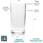 KX-WARE 14-ounce and 20-ounce Acrylic Glasses Plastic Tumbler, set of 8 Clear - Hammered Style, Dishwasher Safe, BPA Free