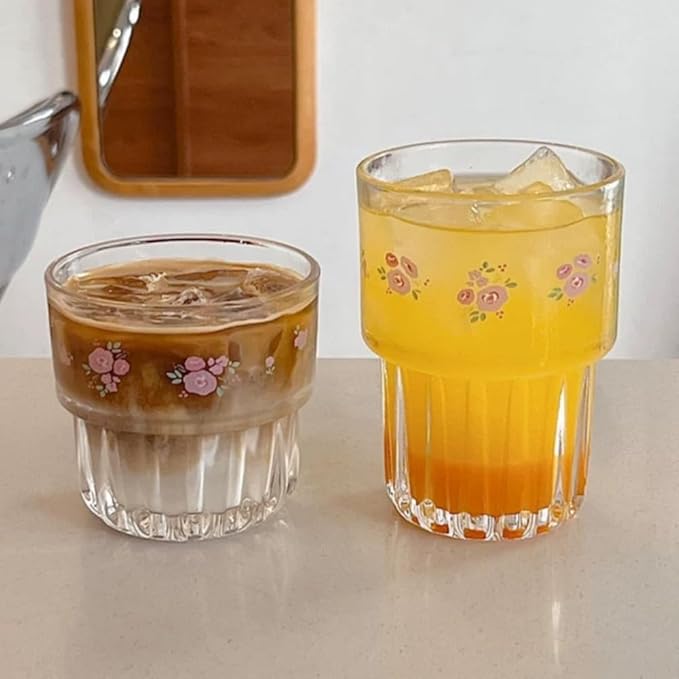 Set of 2 Floral Glass Coffee Cup Cute Drinking Glasses Stackable Floral Glass Cups for Juice,Iced Coffee,Milk,Tea,Dessert,Flower Teacups Glassware Drinkware Set (pink)