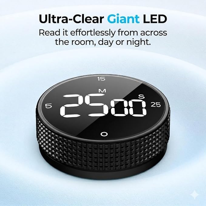 Magnetic Kitchen Timer for Cooking with Loud Alarm - Large LED Display Rotating Countdown Pomodoro Timer, Preset 5/15/25 Mins Easy for Seniors and Kids，for Baking Grilling Studying
