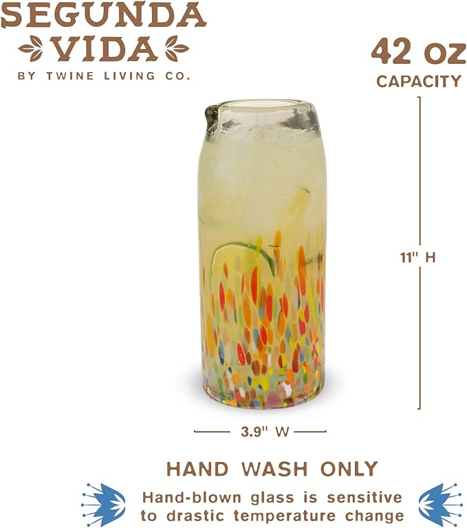 Segunda Vida Artistico Recycled Glass Carafe, Hand Blown Pitcher, Home Cocktail Bar Gifts, Colored Mexican Pitcher, 42oz Set of 1