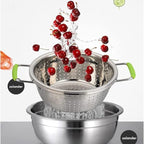Stainless Steel Deep Colander Micro-perforated 2.5 Quart Metal Food Strainer with Green Silicone Handles for Draining Pasta Cleaning Food like Fruit