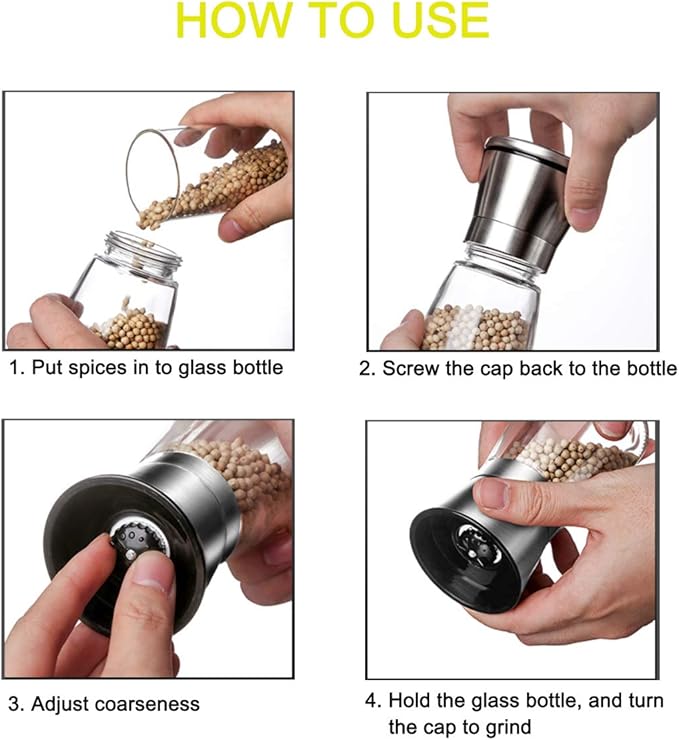 Salt and Pepper Grinder Set of 2, Premium Stainless Steel Spice Mill with Adjustable Coarseness, Ceramic Blades, Refillable Glass Body with 60Z capacity