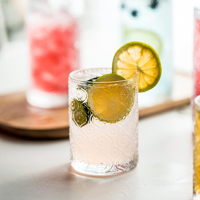 SoulTimes Glass Cups Vintage Glassware Set of 4, Drinking Glasses 9oz, Embossed Pattern Style Transparent Cocktail Glasses Set, for Ice Coffee,Juice,Beer,Bar Beverages,Drinkware, Transparent (S)