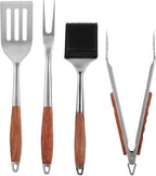 4PCS Grilling Accessories, Heavy Duty BBQ Grilling Tools Set, Outdoor Grill Set with Stainless Steel Spatula Fork Brush Tongs with Anti-Scald Rosewood Handle, Barbecue Utensils Men Present