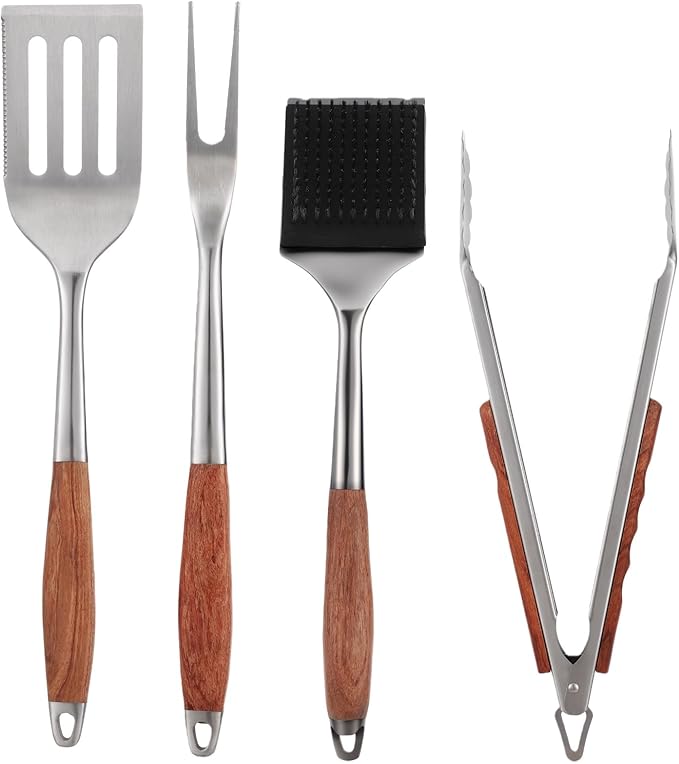 4PCS Grilling Accessories, Heavy Duty BBQ Grilling Tools Set, Outdoor Grill Set with Stainless Steel Spatula Fork Brush Tongs with Anti-Scald Rosewood Handle, Barbecue Utensils Men Present