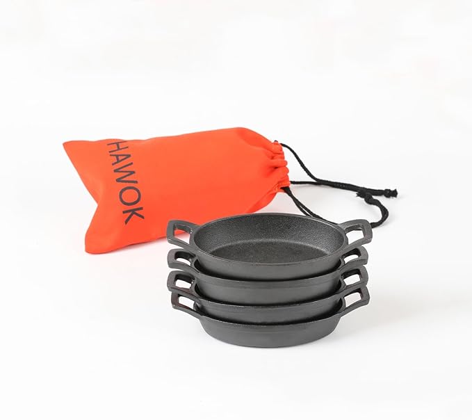 HAWOK Cast Iron Mini Oval Serving Dishes with a Storage Bag, 6.1"x 3.85", 8oz, 4 PCS