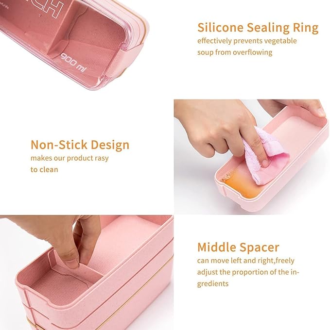 Rarapop 2 Pack Stackable Bento Box Japanese Lunch Box Kit with Spoon & Fork, 3-In-1 Compartment Wheat Straw Meal Prep Containers for Kids & Adults (Pink/Beige)