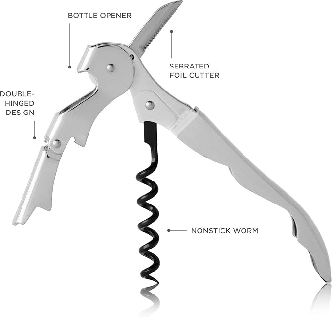 True Truetap Double Hinged Waiter's Corkscrew Wine Opener, Stainless Steel Wine Bottle Opener with Built In Foil Cutter, Home Bar Tools, Bar Cart Accessories, Wedding Gifts, Set of 1, Metallic Silver