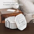 UMIRRO Rustic Farmhouse Coasters for Wooden Table, Modern Ceramic Coasters with Holder for Coffee Table Decor, Housewarming Gifts for New House/Home, Assorted Design, White, 4", 6 Pack