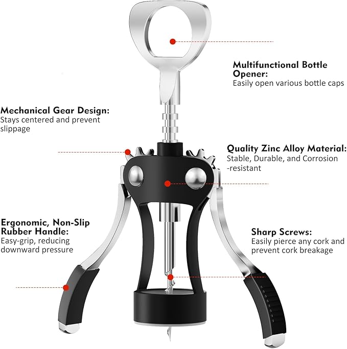 KORCCI Wine Opener, Heavy-Duty Zinc Alloy Wing Corkscrew, Premium Beer Bottle Opener, Multifunctional Wine Accessories with Ergonomic Handle and Sharp Screw, for Kitchen, Bar, Restaurant (BLACK)