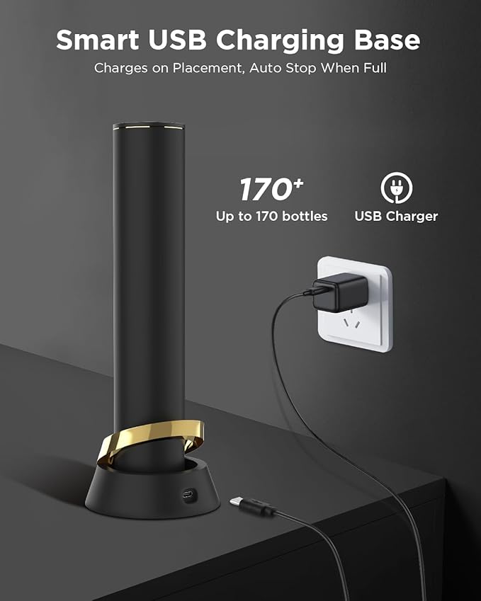 Rechargeable Electric Wine Opener with Charging Base & Foil Cutter, Automatic Corkscrew for 60 Bottles, Luxury Christmas White Elephant Gift for Wine Lovers Women Men - Gold & Black
