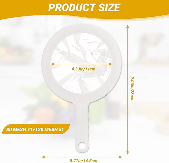 Fine Mesh Strainer with Handle, 80/120 Mesh, 2 Pack, Plastic Fine Strainer for Liquids, Small Colander for Kitchen, Nylon Sieve for Nut Milk, Yogurt, Juice, Coffee, Honey, Tea Leaf Filter