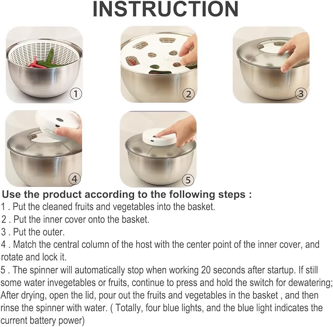 Automatic Electric Salad Spinner, 5L Type-C Rechargeable Lettuce Spinner Stainless Steel Salad Rotator Lettuce Washer and Spinner Dryer for Salad Greens, Lettuce, Fruits and Vegetables