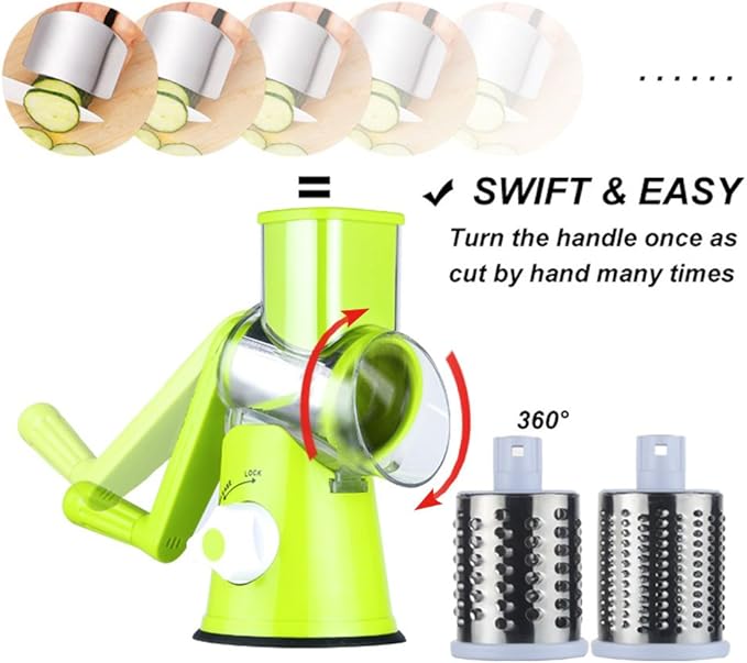 Cambom Rotary Cheese Grater Hand Crank Cheese Shredder for Fresh Cheese, Vegetable, Nuts,Non-slip Suction Base, Free Cleaning Brush Three Blades, Green