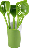 Hutzler 6-piece Melamine Cooking Utensils Set, Includes a 12-inch Long Slotted Spoon, Solid Spoon, Mixing Spoon, Slotted Turner, Soup Ladle, and Storage Crock, Green