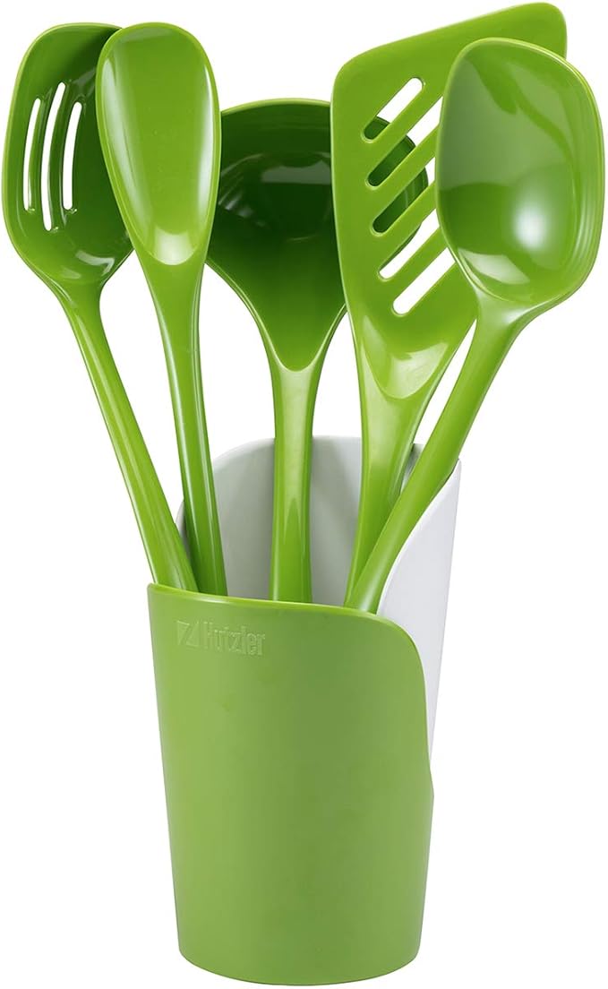 Hutzler 6-piece Melamine Cooking Utensils Set, Includes a 12-inch Long Slotted Spoon, Solid Spoon, Mixing Spoon, Slotted Turner, Soup Ladle, and Storage Crock, Green