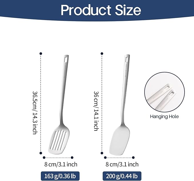 Stainless Steel Spatulas Set, 2 Pcs Metal Spatula Wok Turner, Silver Slotted Turner, Solid Turner, Wok Spatula Kitchen Cooking Tools for Sauteing, Flipping, Grilling (Dishwasher Safe)
