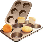 2 Packs Premium Steel Muffin Pan for Baking, Round Muffin Baking Pan, Baking Tray for Muffins, Cupcakes, Brownie(Gold, 6 Cup)